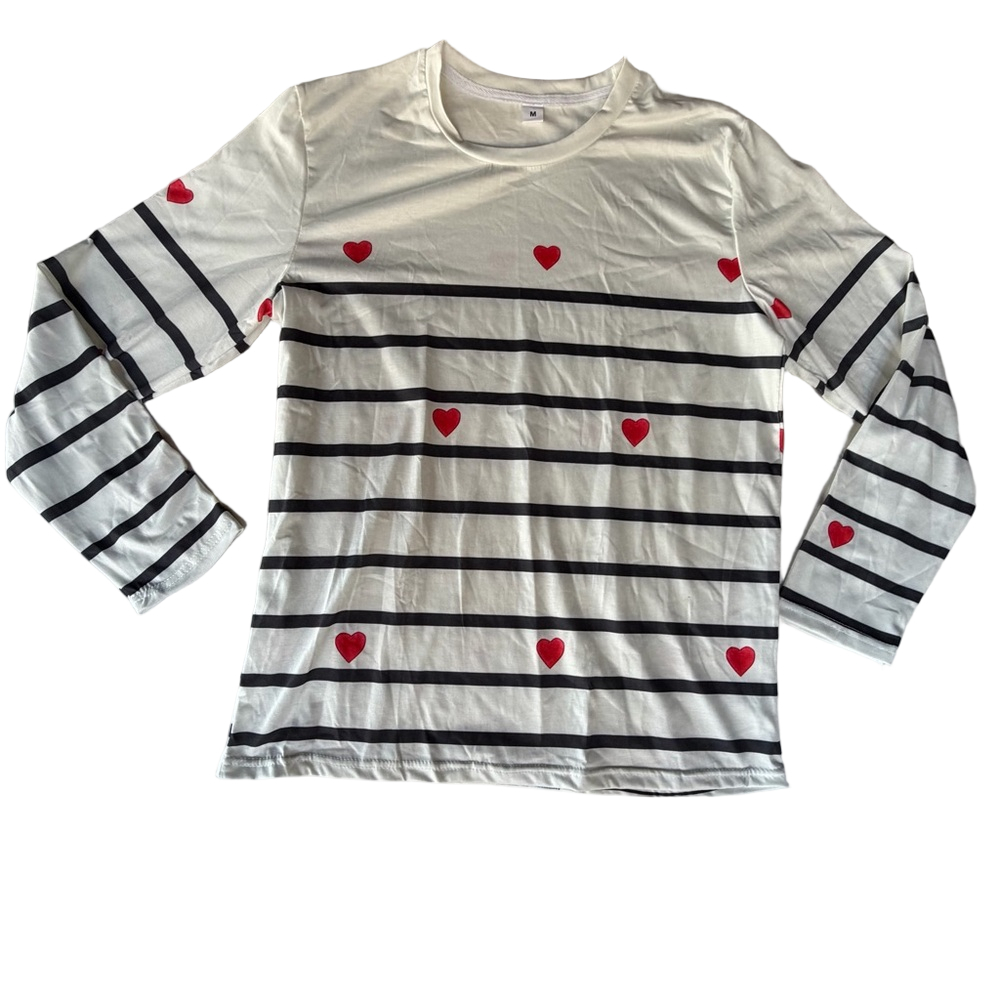 Women's Long Sleeve Stripes and Hearts Tee Size M #260229